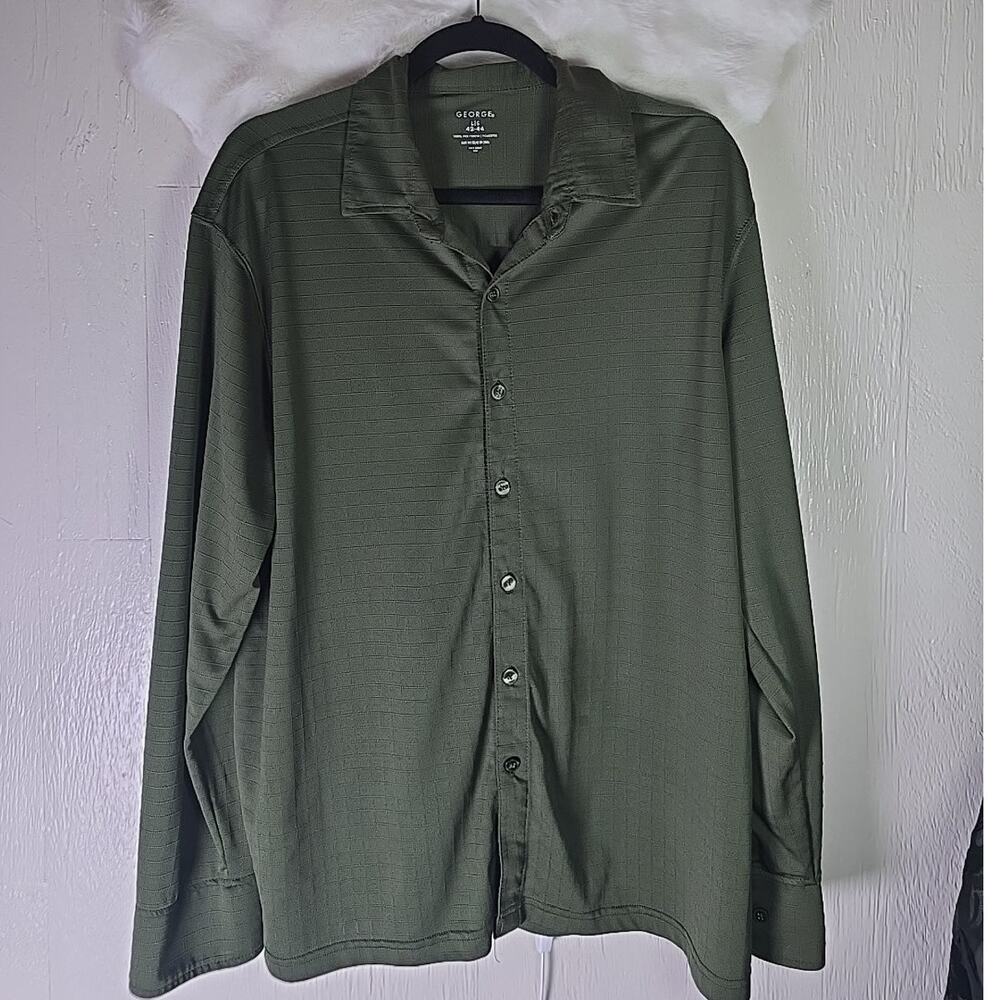 George Classic Button Shirt Long Sleeve Collared Mens Large 42-44 Green Office